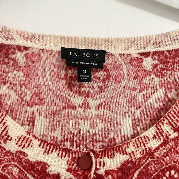 Talbots 100% Merino Wool Sweater Cardigan Size M Red Printed Button Front Artsy - Picture 6 of 6
